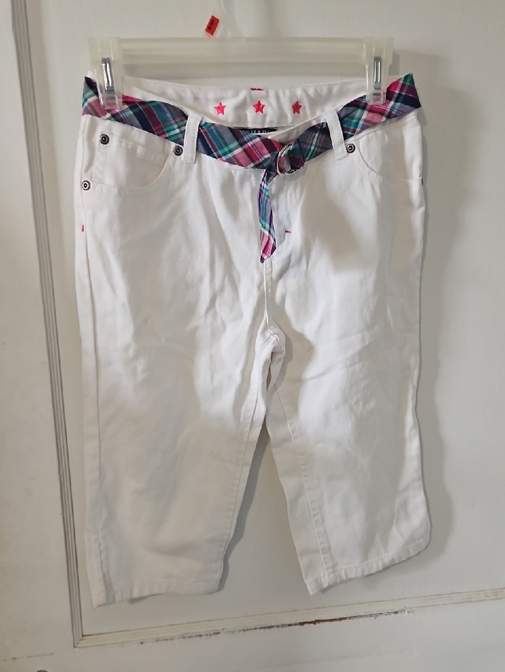 Chaps Girls White Cropped Pants with Plaid Tie Belt